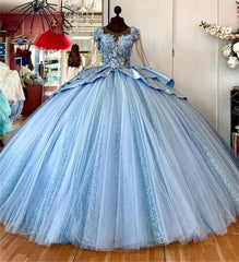 Modern & Chic Ball Gown Scoop Neck Long Sleeves 3D Flower Lace Applique Beaded Tiered Blue Tulle Quinceanera Dress Princess Party Gown For Sweet 16