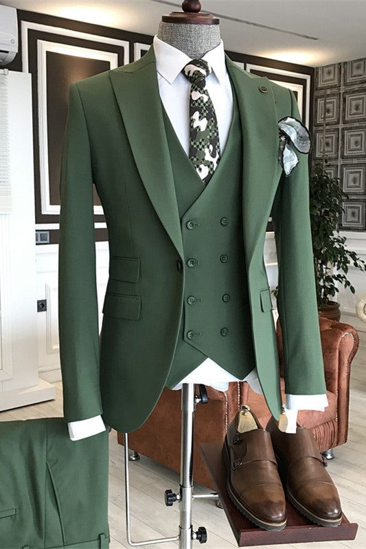 Modern Green Peaked Lapel 3 Piece Prom Suit