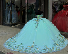 Modern & Luxury Ball Gown Off Shoulder 3D Butterfly Flowers Appliques Lake Blue Tulle Princess Quinceanera Dress Evening Party Gown For Sweet 16