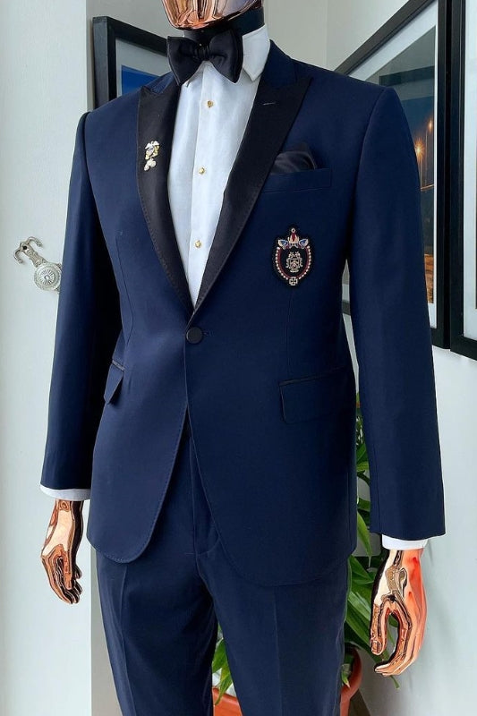 Modern Navy Blue Peaked Lapel 2 Piece Prom Men Suit