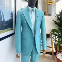 Modern Sky Blue Peaked Lapel 2 Piece Prom Suit