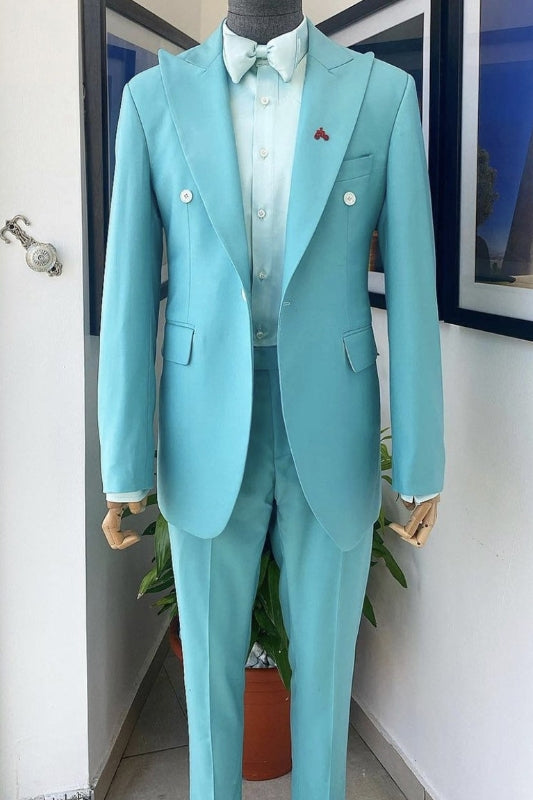 Modern Sky Blue Peaked Lapel 2 Piece Prom Suit