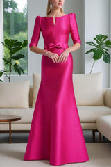 Mother of the Bride A Line Dress with Scoop Neck Half Sleeves and Bow Belt
