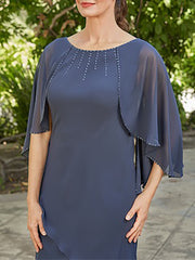 Mother of the Bride & Groom A Line Dresses with Scoop Neck 3/4 Sleeves Rhinestones and Ruffles