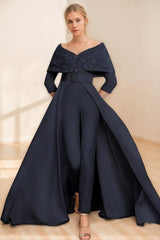Mother of the Bride Off the Shoulder Pantsuit with 3/4 Sleeves Appliques and Belt