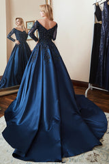 Navy A Line Prom Dress Long Sleeve Off the Shoulder Formal Dress With Lace Appliques
