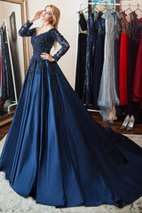 Navy A Line Prom Dress Long Sleeve Off the Shoulder Formal Dress With Lace Appliques