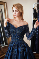 Navy A Line Prom Dress Long Sleeve Off the Shoulder Formal Dress With Lace Appliques