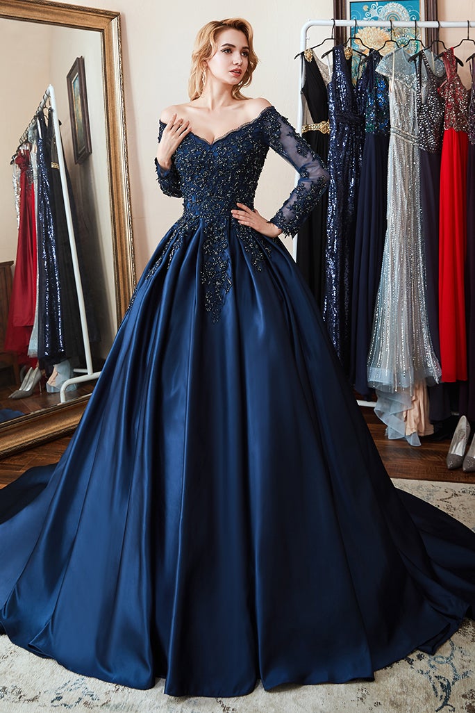 Navy A Line Prom Dress Long Sleeve Off the Shoulder Formal Dress With Lace Appliques
