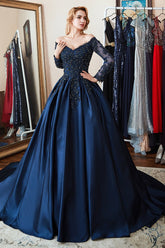 Navy A Line Prom Dress Long Sleeve Off the Shoulder Formal Dress With Lace Appliques