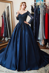 Navy A Line Prom Dress Long Sleeve Off the Shoulder Formal Dress With Lace Appliques