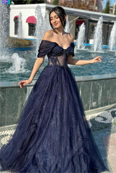 Navy A Line Prom Dress Off the Shoulder Sequined Formal Dress