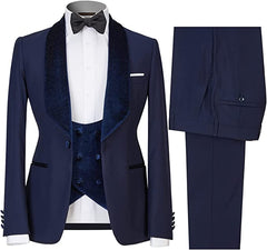 Navy Blue Close Fitting Three Piece Wedding Suit for Men