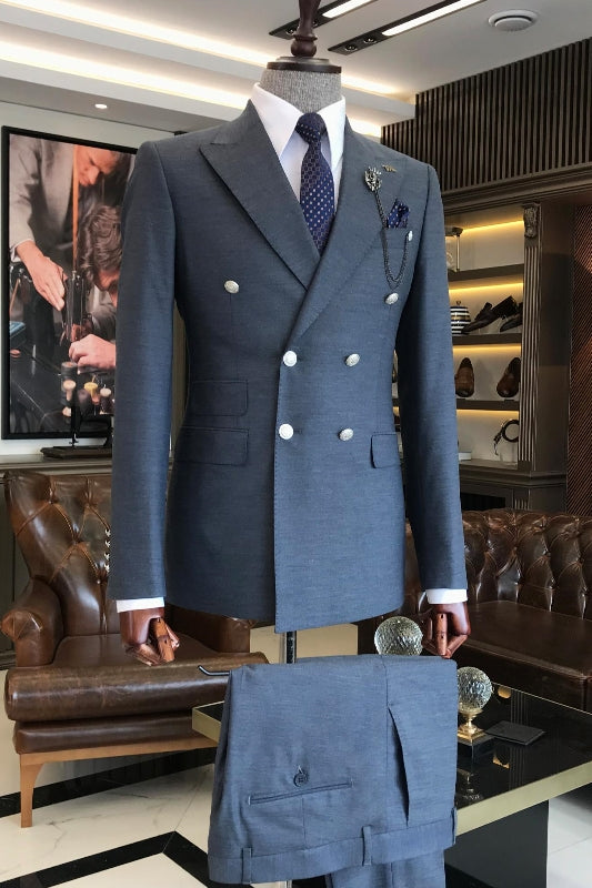 Navy Blue Double Breasted Peaked Lapel Business Suit