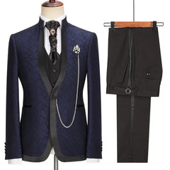 Navy Blue Jacquard Shawl Lapel 3 Piece New Arrival Wedding Suit