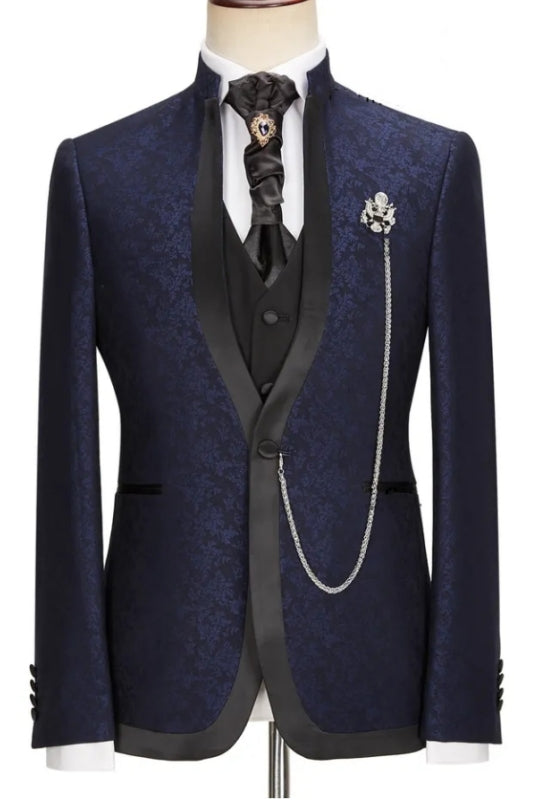 Navy Blue Jacquard Shawl Lapel 3 Piece New Arrival Wedding Suit