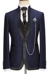 Navy Blue Jacquard Shawl Lapel 3 Piece New Arrival Wedding Suit