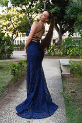 Navy Blue Lace Mermaid Evening Dress