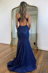 Navy Blue Mermaid Deep V Cross Back Gown With Beading And Slit Prom Dress Formal Evening Gown