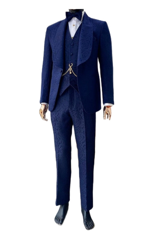 Navy Blue Shawl Lapel 3 Piece Close Fitting Wedding Suit