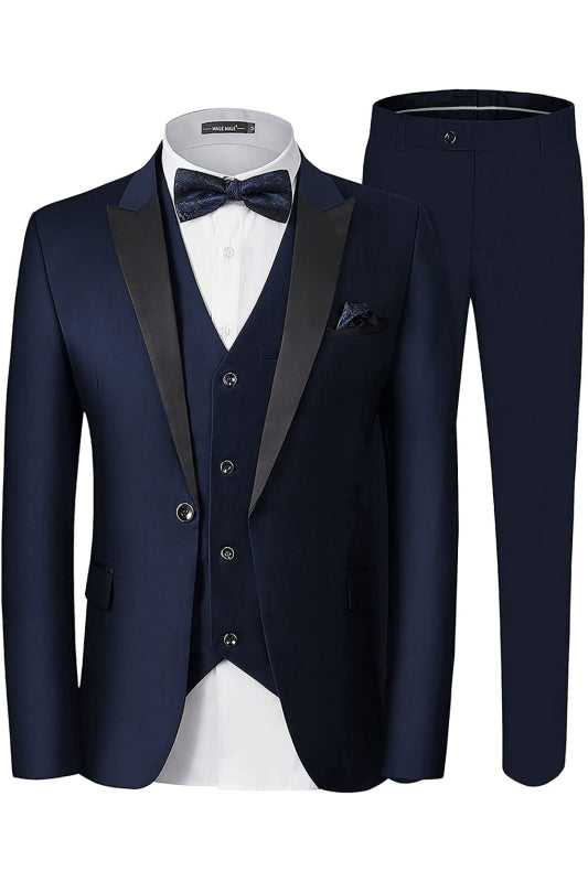 Navy Blue Three Piece Peaked Lapel Business Suit