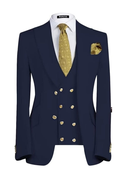 Navy Blue Three Piece Peaked Lapel Business Suit