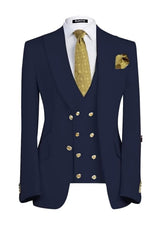 Navy Blue Three Piece Peaked Lapel Business Suit