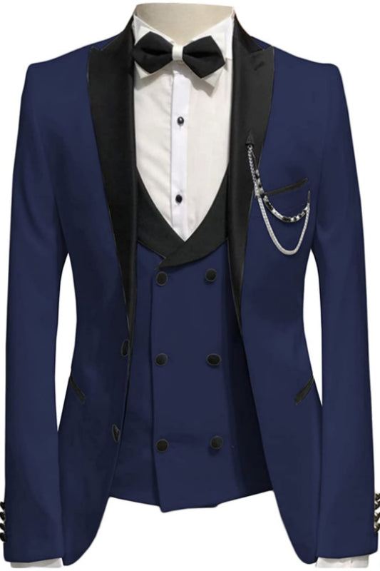 Navy Blue Three Piece Peaked Lapel Prom Suit