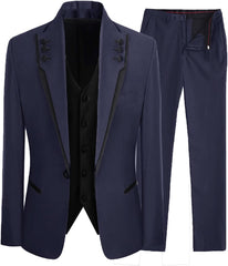 Navy Blue Three Piece Shawl Lapel Prom Suit