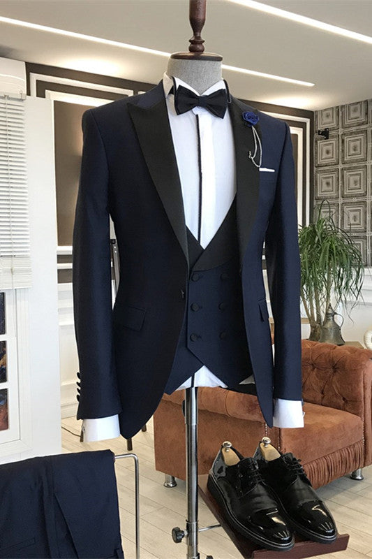 Navy Blue Three Piece Slim Fit Peaked Lapel Business Suit