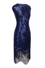 Navy Cape Sleeves Sequin Fringe Flapper 1920s Dress