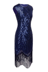 Navy Cape Sleeves Sequin Fringe Flapper 1920s Dress