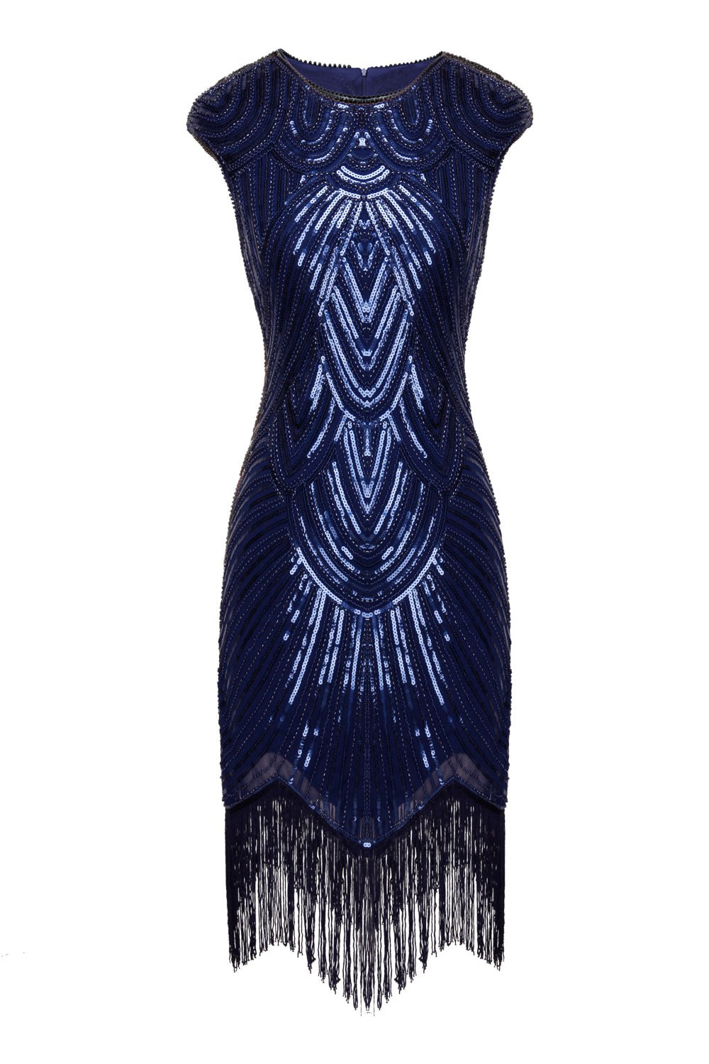Navy Cape Sleeves Sequin Fringe Flapper 1920s Dress