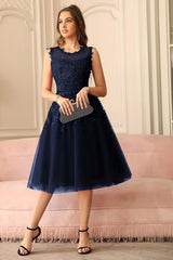 Navy Crew Neck Homecoming Dress Tulle Appliques A Line Wedding Party Dress