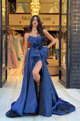 Navy Detachable Train Prom Dress Sleeveless Strapless Satin Formal Dress