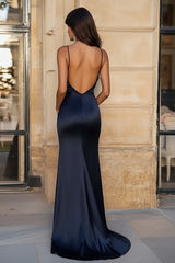 Navy Formal Dress Deep V Neck Satin Mermaid Long Wedding Guest Dress