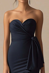 Navy Formal Dress Satin Long Sweetheart Mermaid Ruched Wedding Guest Dress With Slit