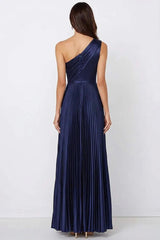Navy Formal Dress Satin One Shoulder Long Pleated Mermaid Wedding Guest Dress
