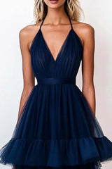 Navy Formal Dress Tulle Halter Long A Line Tiered Wedding Guest Dress With Ruffles