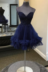 Navy Homecoming Dress Beaded A Line Short Prom Dress with Appliques