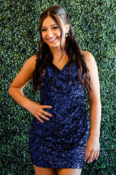 Navy Homecoming Dress Sequined Backless Tight Short Prom Dress