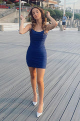 Navy Homecoming Dress Sequined Lace-Up Back Tight Prom Dress