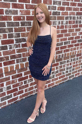 Navy Homecoming Dress Sequined Lace-Up Back Tight Short Prom Dress