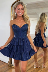 Navy Homecoming Dress Sweetheart Corset Short Cocktail Dresses With Ruffles