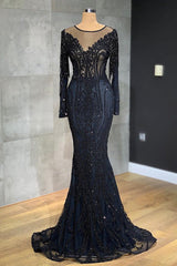 Navy Mermaid Prom Dress Long Sleeve Formal Dress With Lace Appliques
