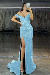 Navy Mermaid Prom Dress Off the Shoulder Beaded Formal Dress