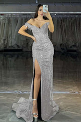 Navy Mermaid Prom Dress Off the Shoulder Beaded Formal Dress