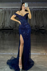 Navy Mermaid Prom Dress Off the Shoulder Beaded Formal Dress