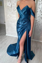 Navy Off The Shoulder Mermaid Evening Dress with Split