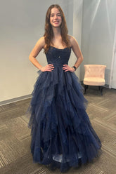 Navy Prom Dress A-Line Ruffles Sweetheart Long Formal Dress